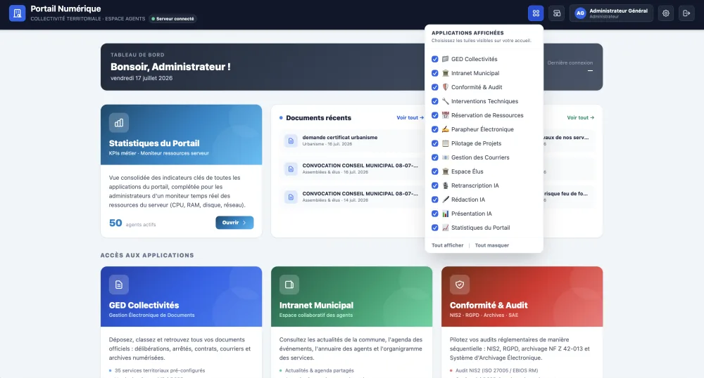 Portail Numérique : menu Applications affichées, cases à cocher pour choisir les tuiles visibles