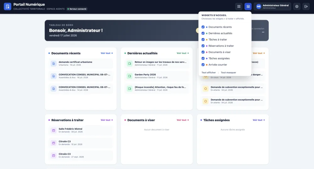 Portail Numérique : menu Widgets d'accueil, cases à cocher pour choisir les widgets « à traiter »