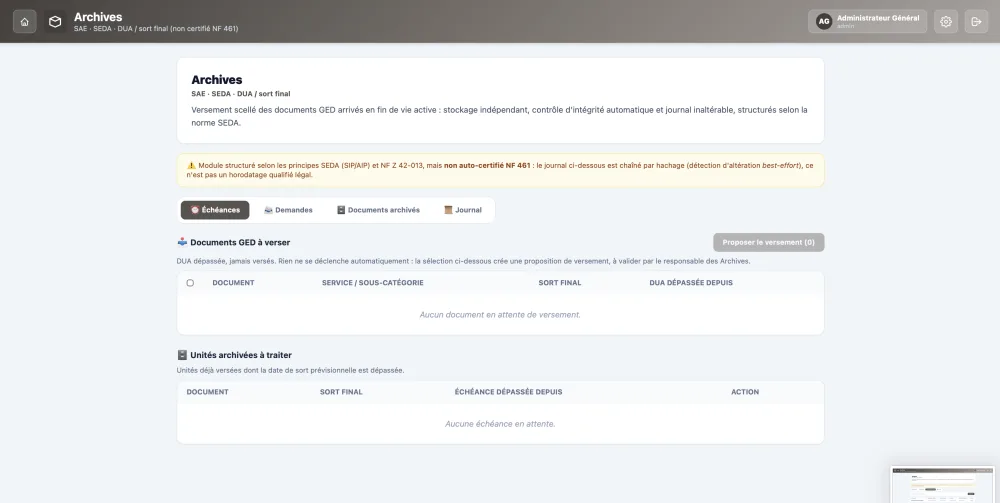 Archives : tableau de bord SAE, unités archivistiques et échéances DUA