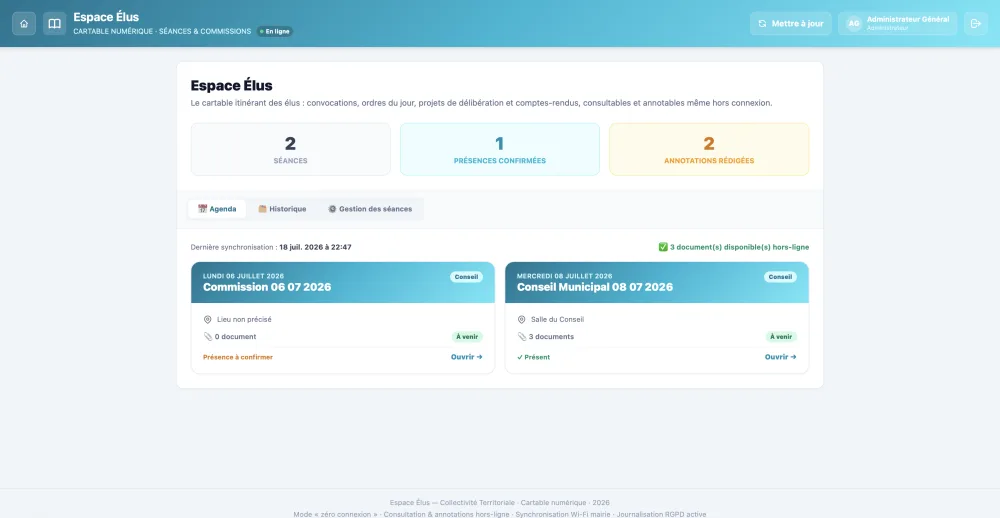 Espace Élus : tableau de bord des séances et commissions
