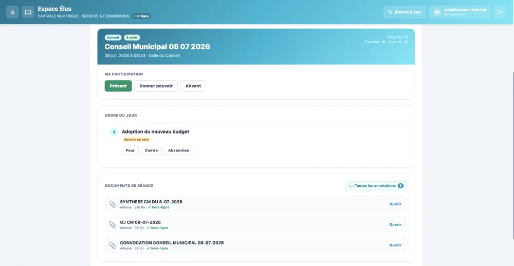 Espace Élus : détail d'une séance, ordre du jour et vote électronique