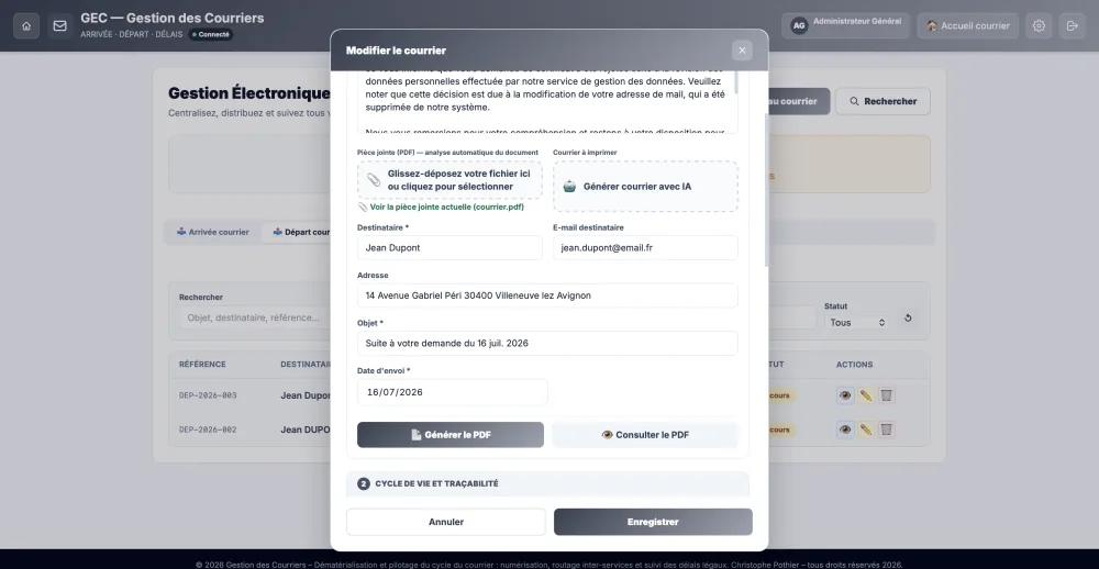 Gestion des Courriers : modale Modifier le courrier, pièce jointe et génération PDF