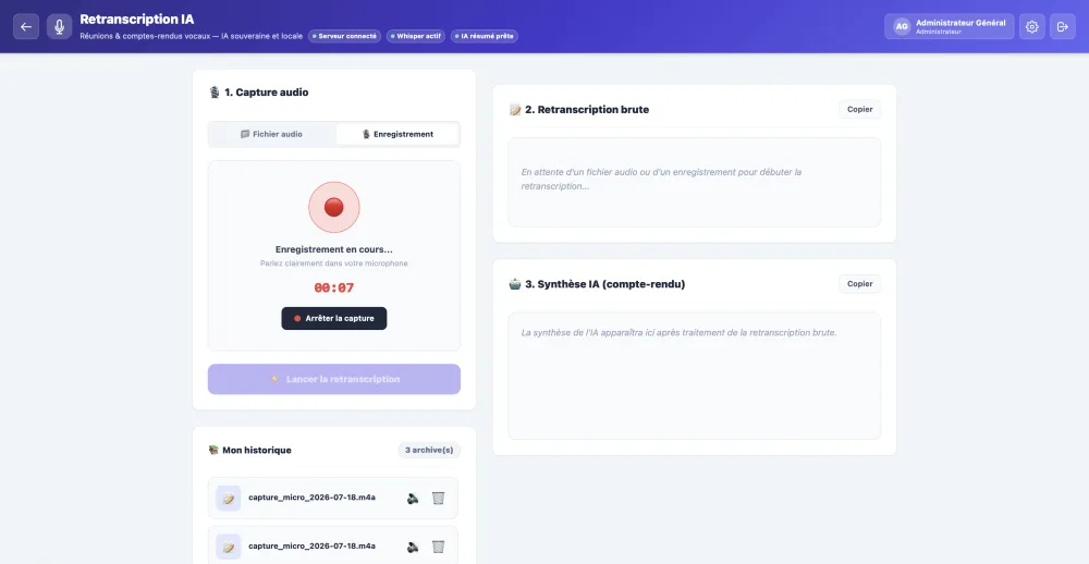 IA locale : Retranscription, résumé de séance généré automatiquement