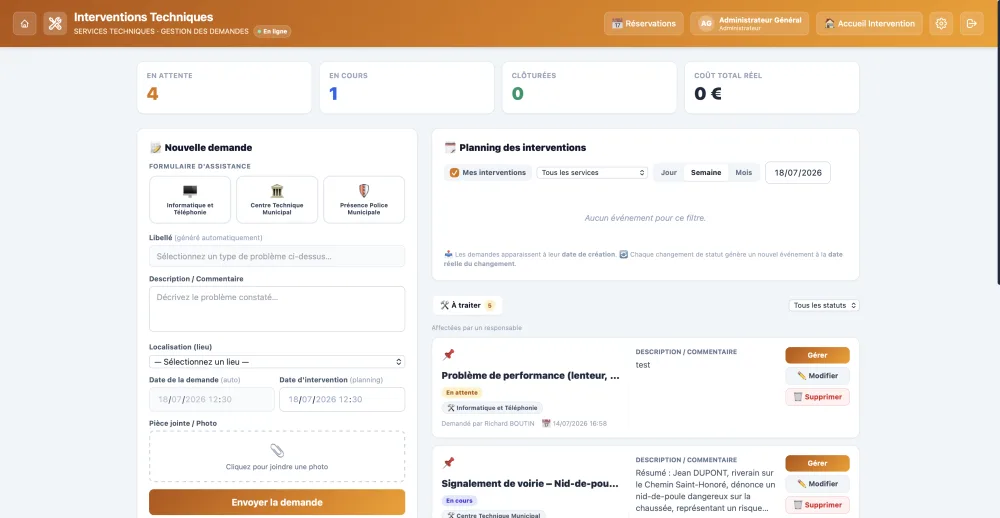 Interventions Techniques : écran de gestion des demandes et planning