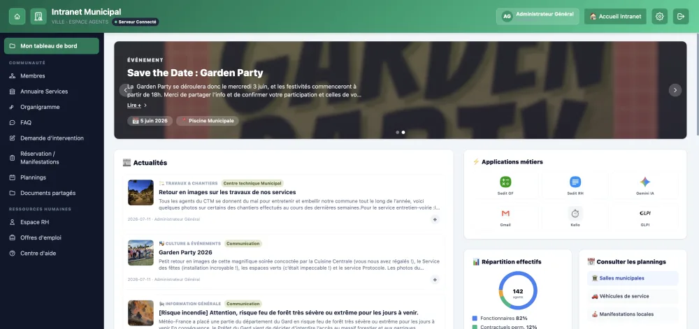 Intranet Municipal : tableau de bord, carrousel d'événements et applications métiers