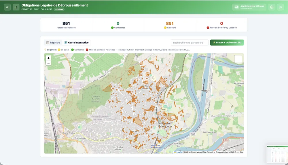 Obligations Légales de Débroussaillement : carte interactive du croisement cadastre × zones à risque incendie sur le plan de la commune