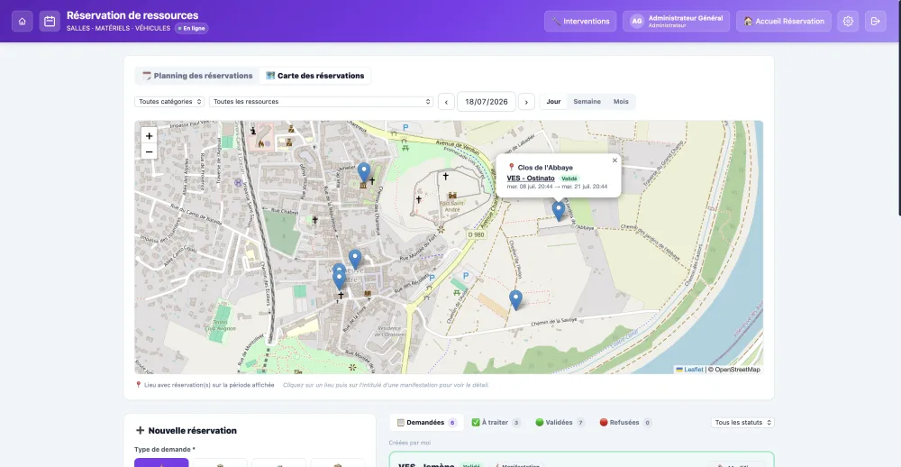 Réservation de ressources : carte des lieux réservés sur la période